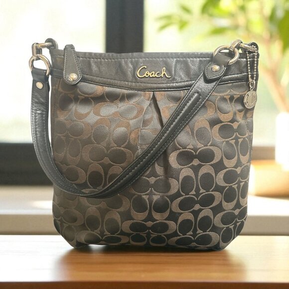 Coach Ashley Signature C Shoulder Bag F20111 Black Leather Brown Sateen Purse - Picture 1 of 9